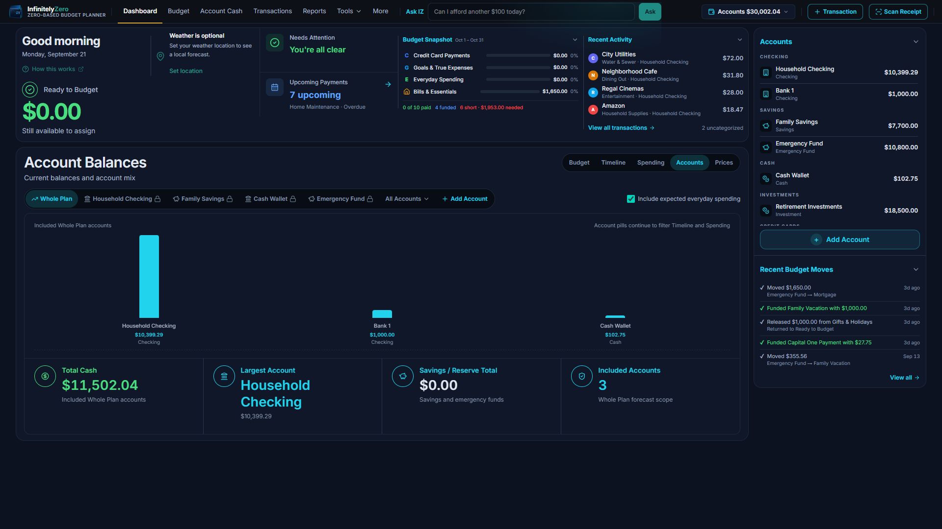 InfinitelyZero desktop Account Balances workspace showing manually managed cash accounts and account totals