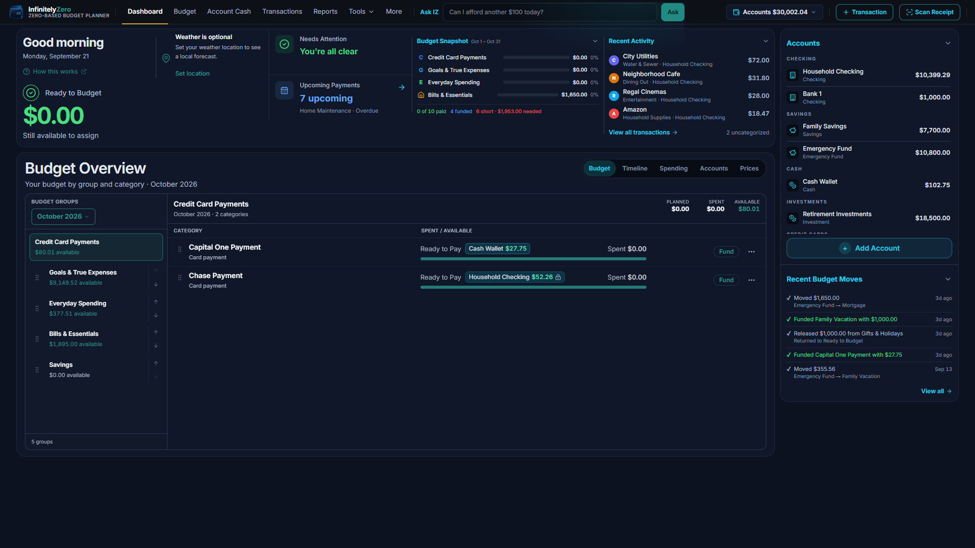 InfinitelyZero desktop budget workspace showing Ready to Budget, category assignments, spending, and Available amounts