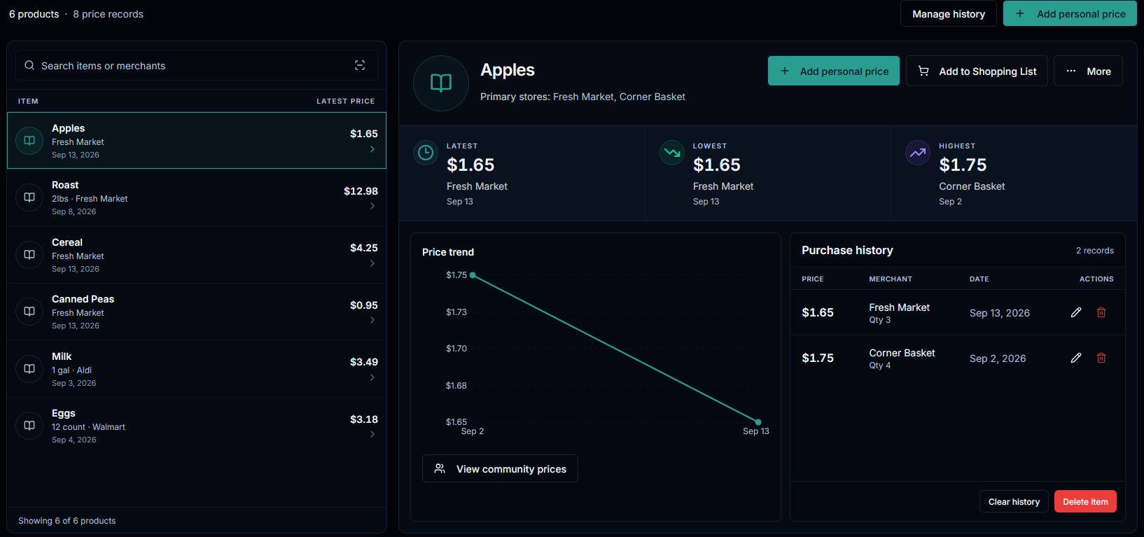 InfinitelyZero Price Book showing grocery products, merchants, latest, lowest and highest prices, a price trend, and purchase history