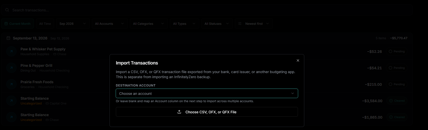Private transaction import review with file choices and a destination account